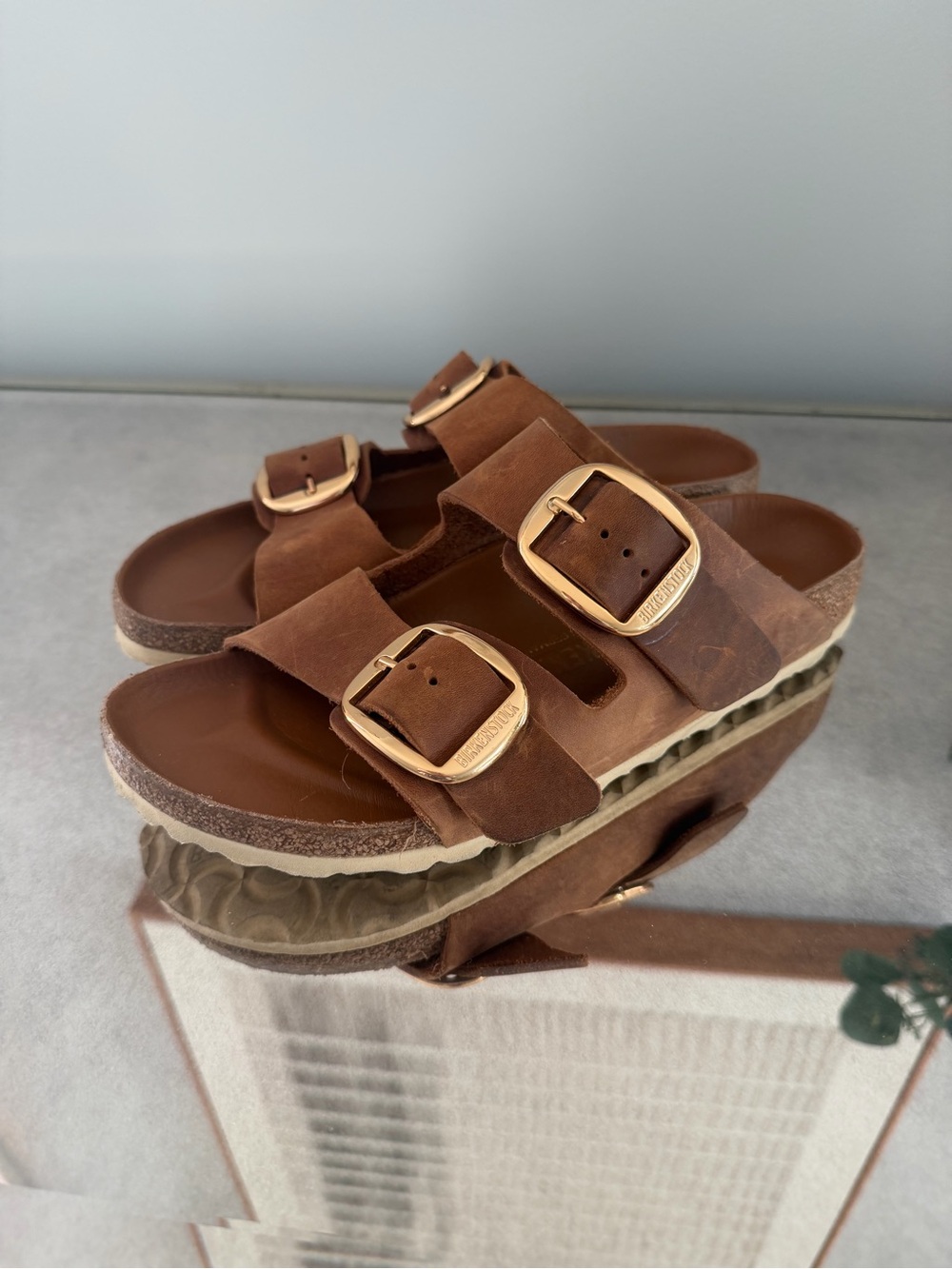 Birkenstock Buckle Slide Sandals-antique cognac leather